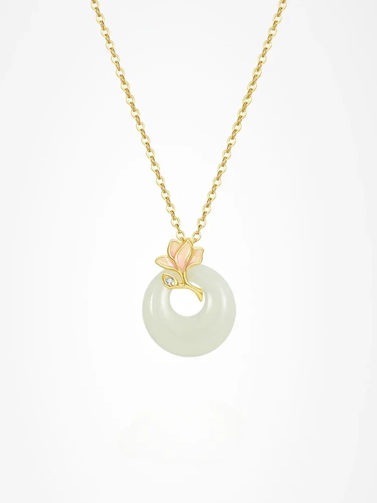 

Hetian Jade Silver Peace Buckle Necklace Light Luxury Female Pendant Necklace Christmas New Year Gift