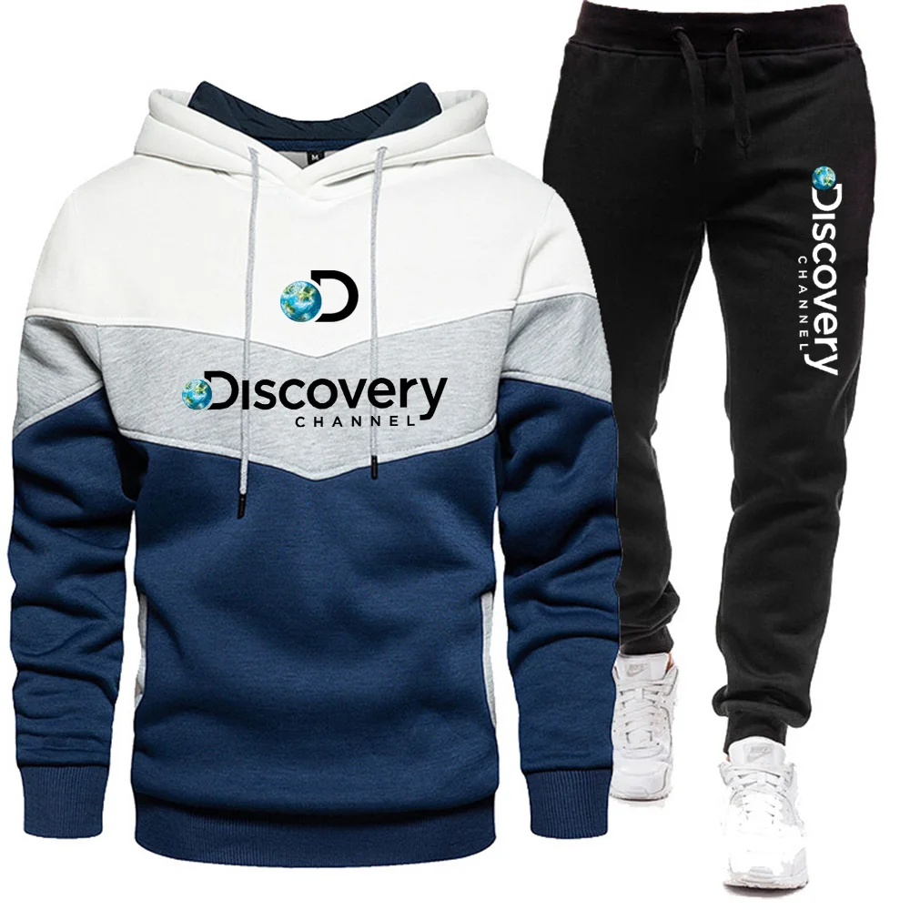 

New Patchwork Discovery Channel Men's Hoodies Sweatshirt+Sweatpants Suit Autumn Winter Warm Sportswear Sets Men Hoodie Pullover