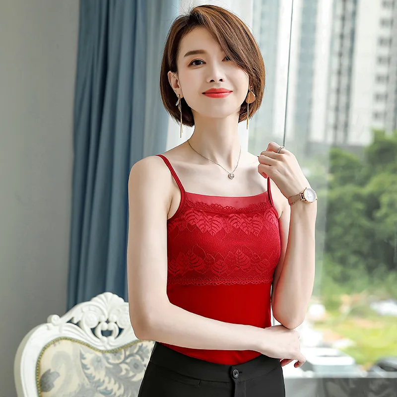 

Korean Fashion Lace Crop Top Women Mesh Sleeveless Office Lady Halter Top Solid Bustier Cami Top Red Ropa De Mujer