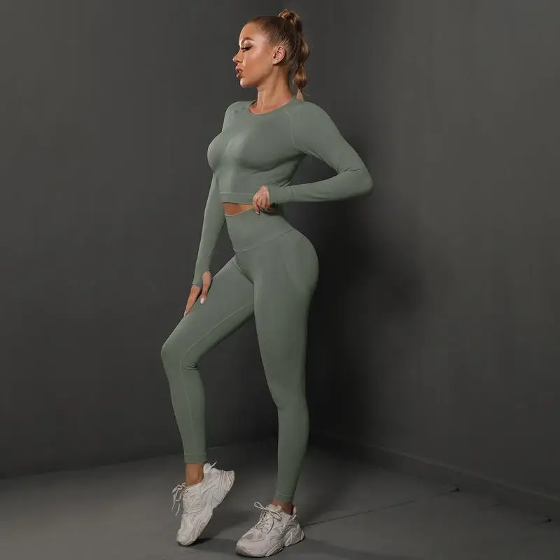 Fitness Yoga Set Seamless Workout Long Sleeves Sportswear Gym Wear Womens Set Outfits 2 Piece Sports Suits For Women Gym Clothes