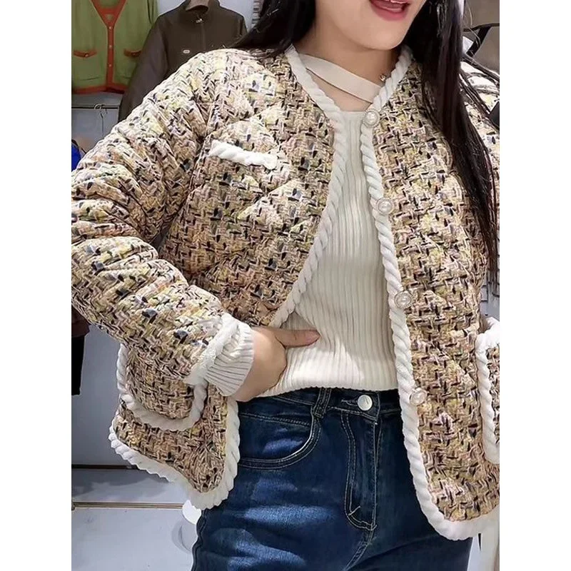 Модная твидовая женская стеганая куртка укороченное хлопковое пальто на