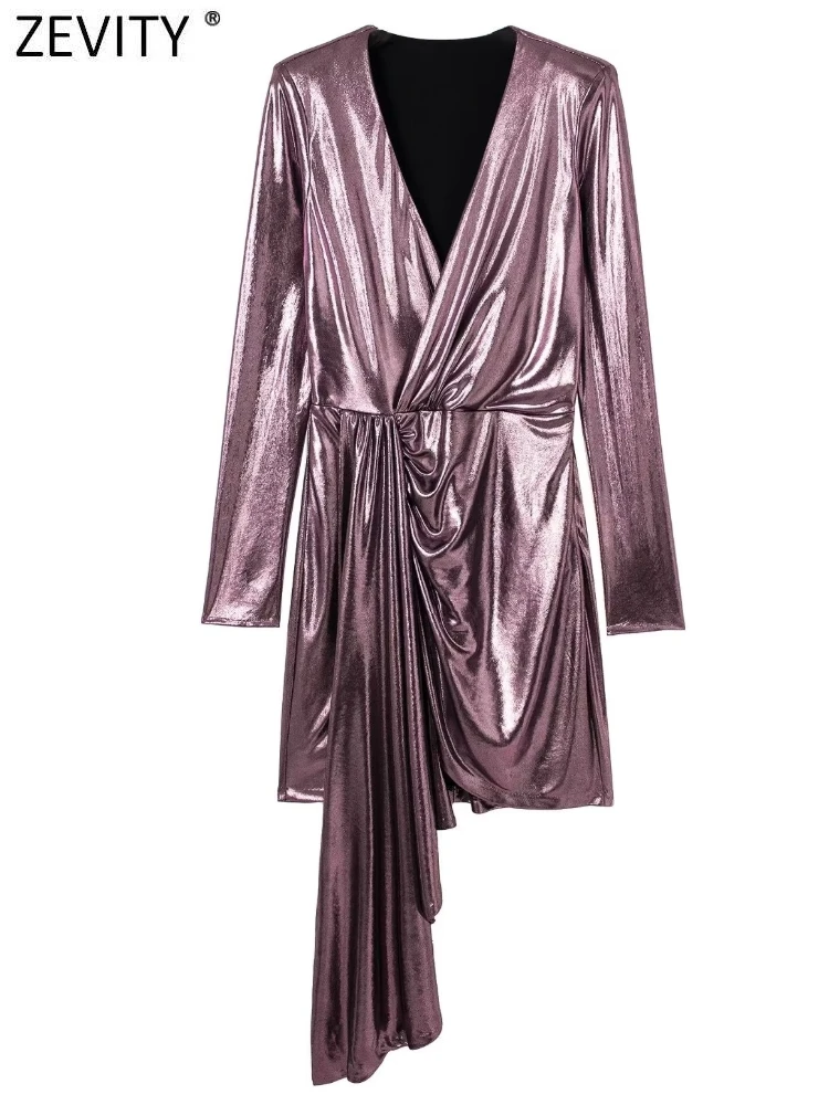 

Zevity Women Fashion Cross V Neck Pleats Knotted Design Shinning Slim Mini Dress Female Chic Long Sleeve Party Vestidos DS3198