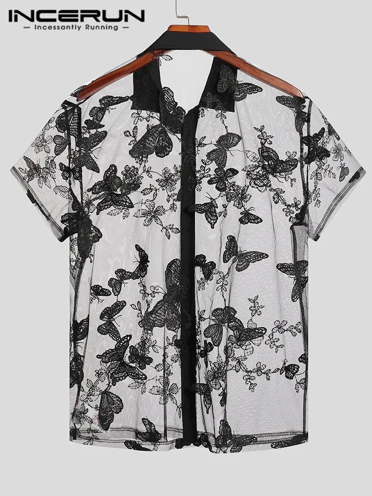 Fashion Casual Style Tops Men Printed See-through Mesh Blouse Handsome Male Hot Sale Short Sleeve Thin Shirts S-5XL INCERUN 2022