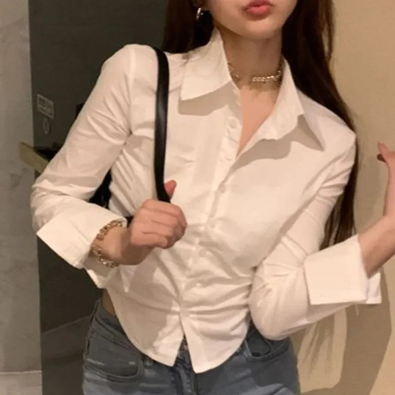 White Shirts Women Korean Style Buttons Folds Slim Fit Crop Tops Female All-Match Daily Design Office Long Sleeve Blouses