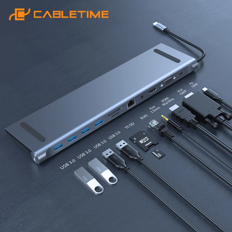 

Док-станция CABLETIME 11 в 1 с USB C на 4K HDMI RJ45 1000 Мбит/с VGA SD TF слот для карт Aux 3,5 мм PD 87 Вт Настольный зарядный H23