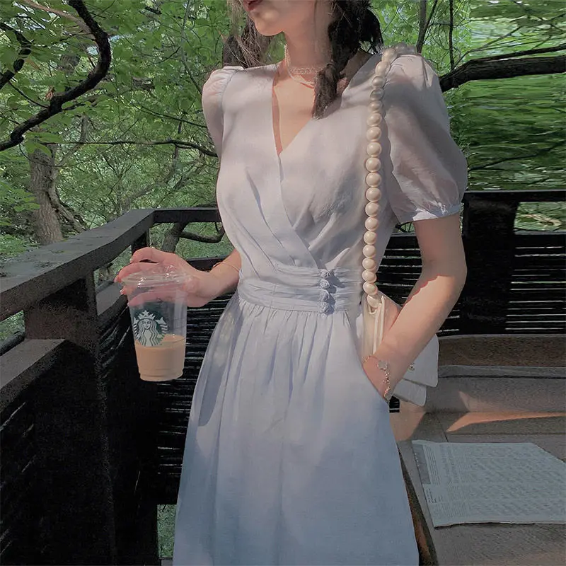 

Elegant Fairy Midi Dress Women French Princess V-neck Korean Party Dress Female Summer One-piece Dress 2022 Office Lady Causal