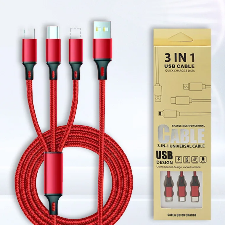 

Нейлоновый тканый кабель для передачи данных три в одном для Iphone Huawei Xiaomi 2A Быстрая зарядка мобильный телефон зарядный кабель Type C кабель