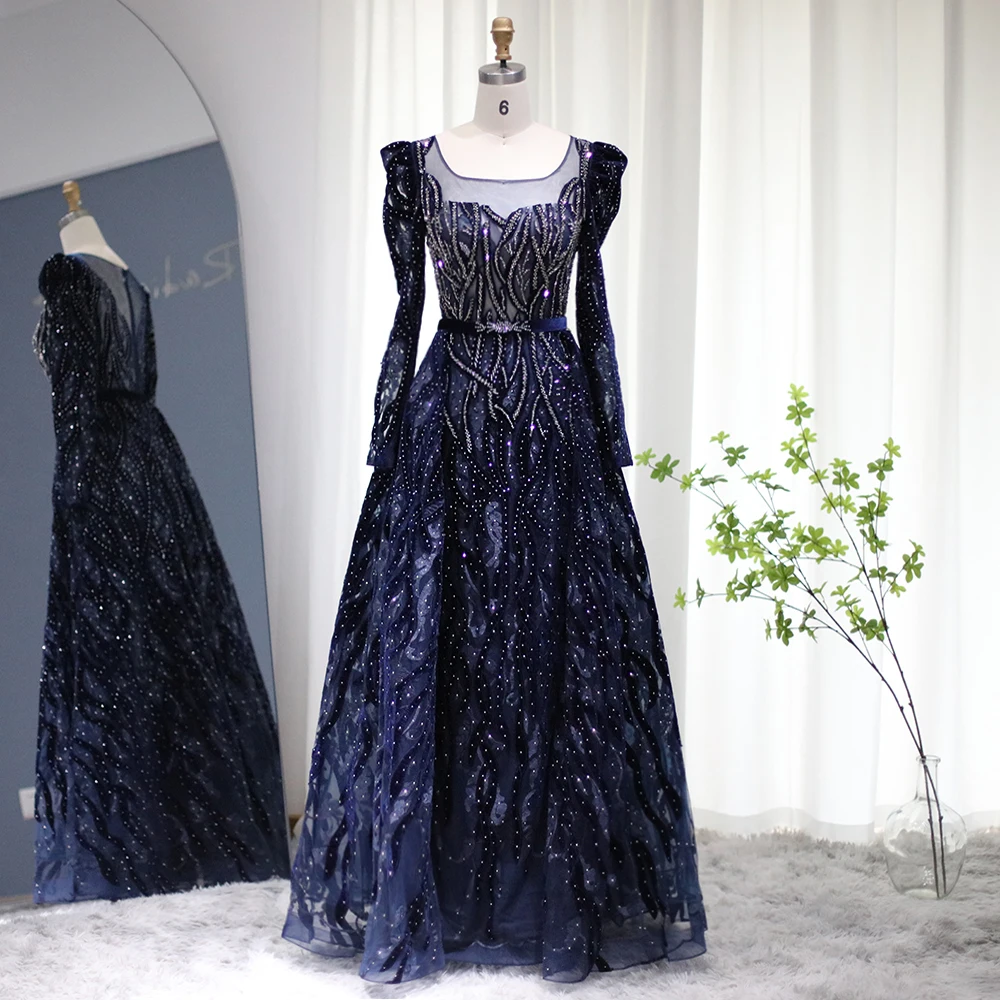 

Sharon Said Navy Blue Muslim Evening Dresses Luxury Dubai Overskirt Emerald Green Plus Size Women Wedding Guest Party Gown SS066