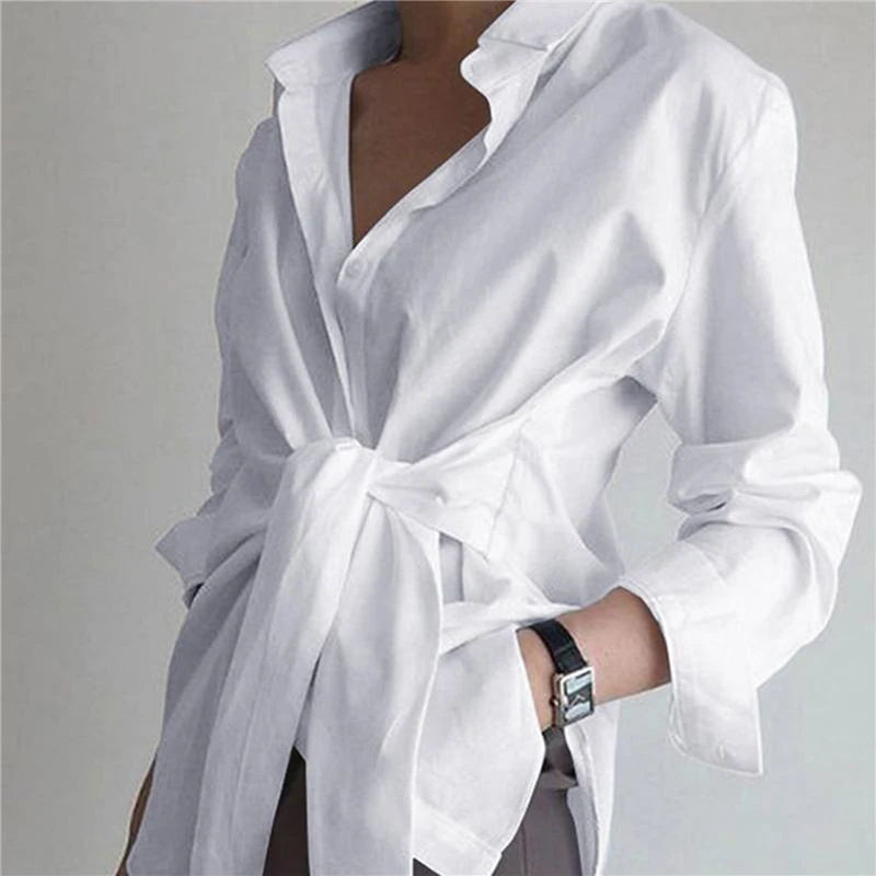 

Spring New Women Blouse Turn Down Collar Button Sashes Design Shirts Casual Solid Color Antumn Long Sleeve Female Blouse Tops