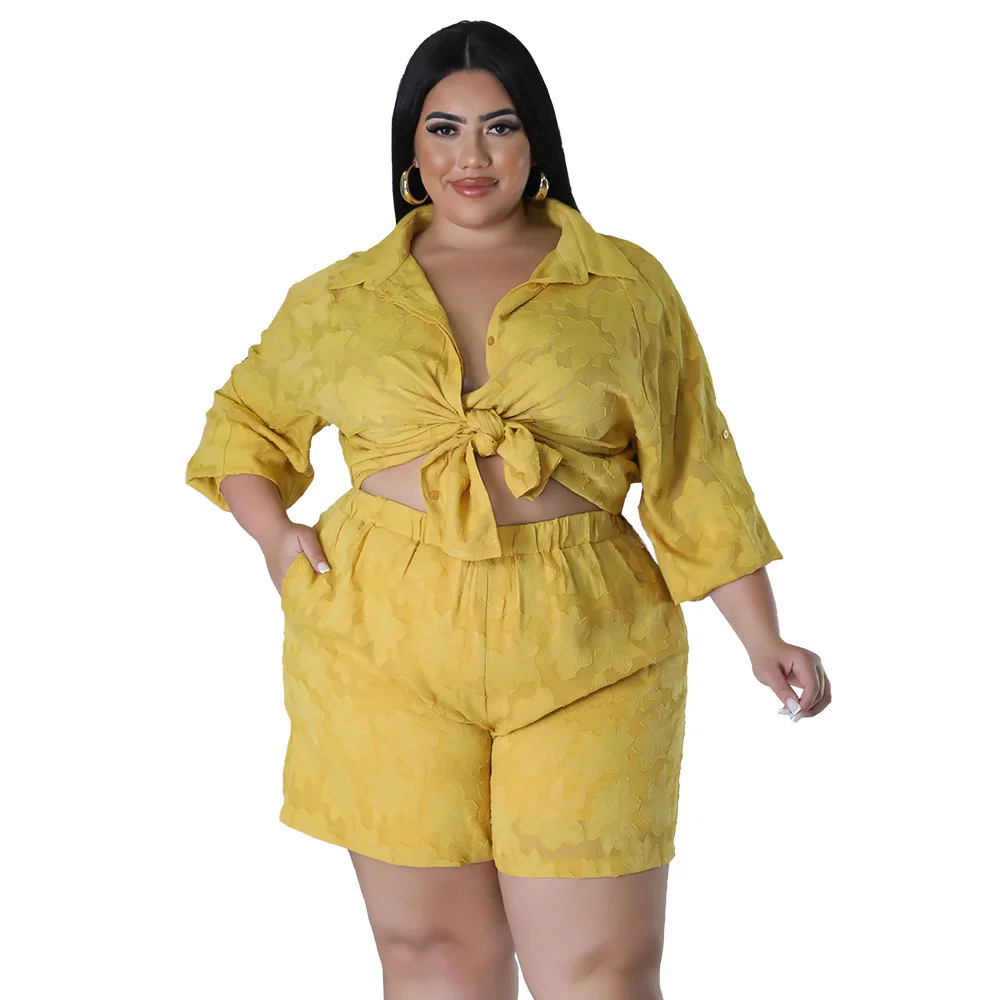 Plus Size Summer Women Shirt Two Pieces Set Hollow Out Shorts Chiffon Jacquard Club Suit Long Sleeves Turn Do 3xl 4xl 5xl 6xl