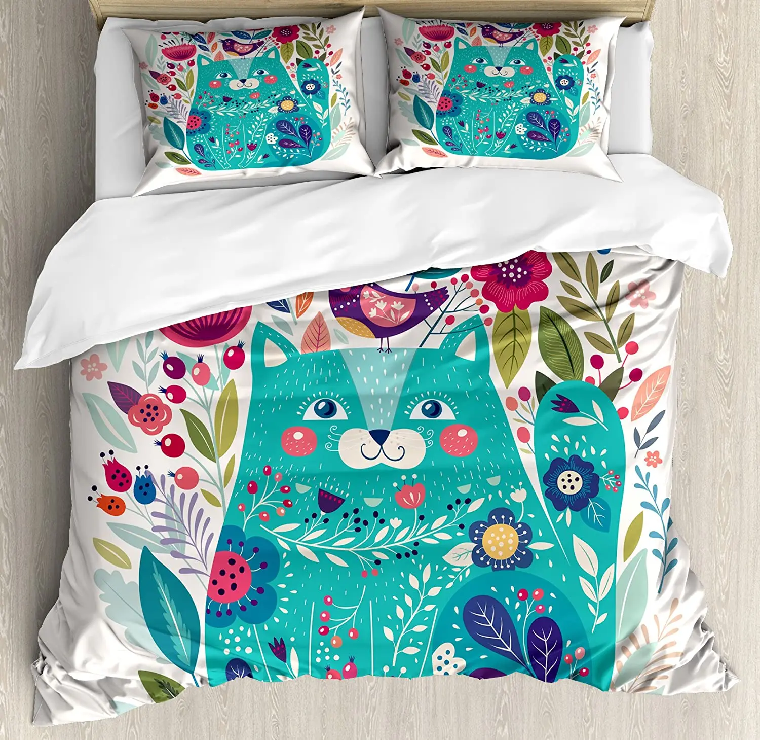 

Cat Bedding Set For Bedroom Bed Home Cute Kitty Surrounded by Birds Flowers Ladybugs Insp Duvet Cover Quilt Cover And Pillowcase