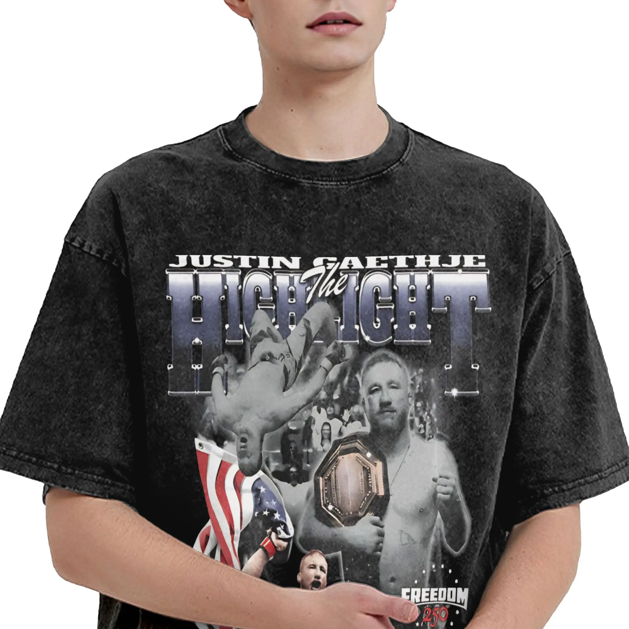 Фото Футболка Harajuku с эффектом потертости Justin Gaethje The Highlight Apparel, крутые футболки оверсайз, уличная одежда, топы с коротким рукавом и графическим принтом №2