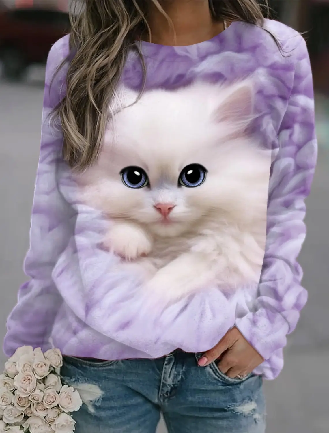 

Women's Sweatshirt Pullover Sports Basic Yellow Pink Blue Cat Street Casual Round Neck Long Sleeve Micro-elastic Fall & Winter