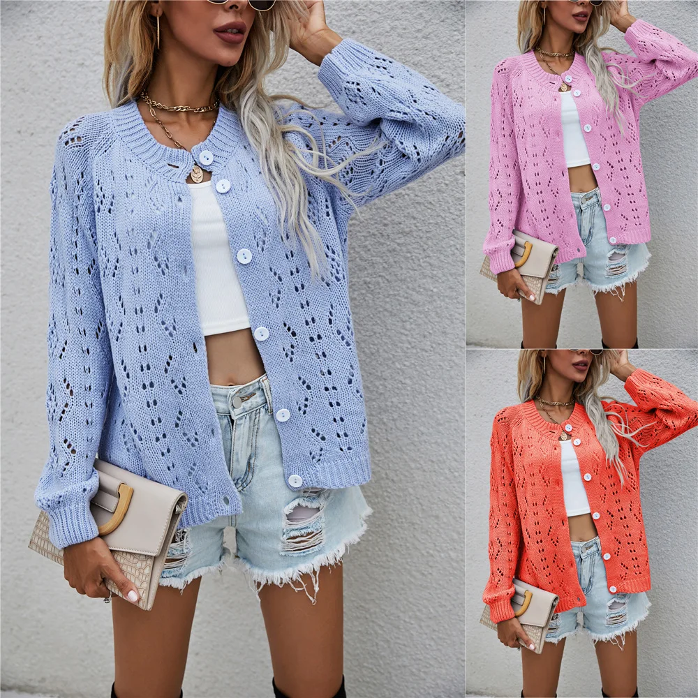 

2022 Autumn New Womens Cardigan Button Hollow Personalized Large Size Sweater Solid Color Sweater for women