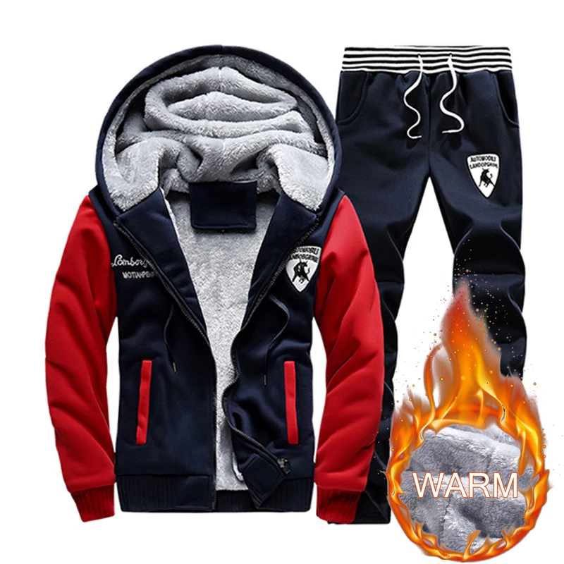 

Tracksuit for Men Winter Fleece Men's Sets 2PCS Thick Jacket Coat + Pants Suits Male Mens Sportswear Set Warm Hooded Outerwear