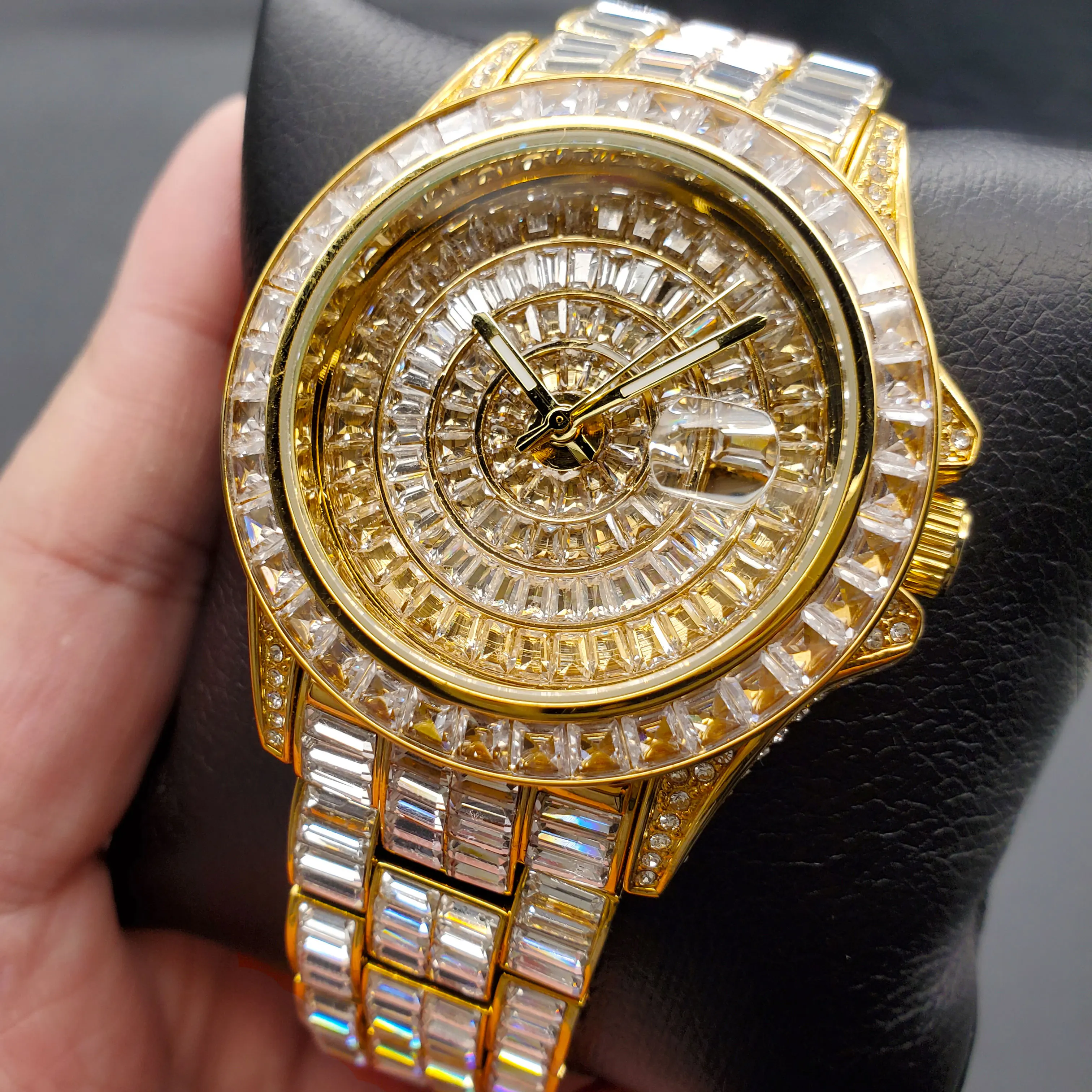 42mm Men's Diamond Watch Business Sapphire Stainless Steel Gold Clock Date Waterproof...