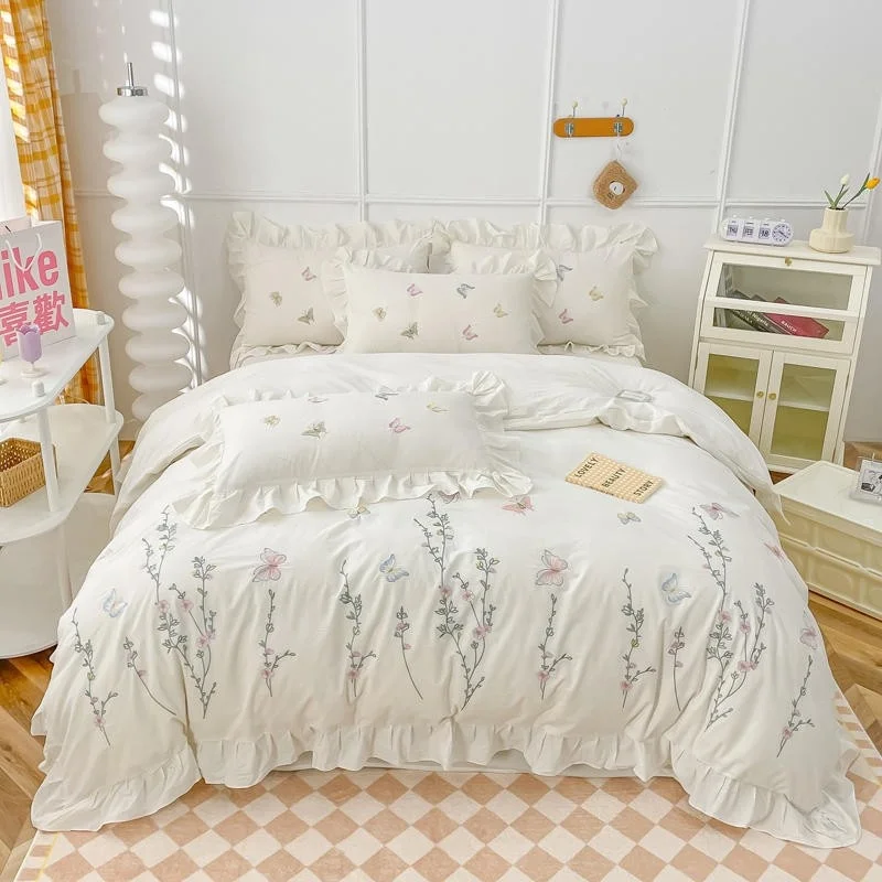 

White King Queen Double Flowers 100%Cotton Soft Girls Bedding set 4Pcs Floral Embroidery Duvet Cover Bed/Fitted Sheet Pillowcase