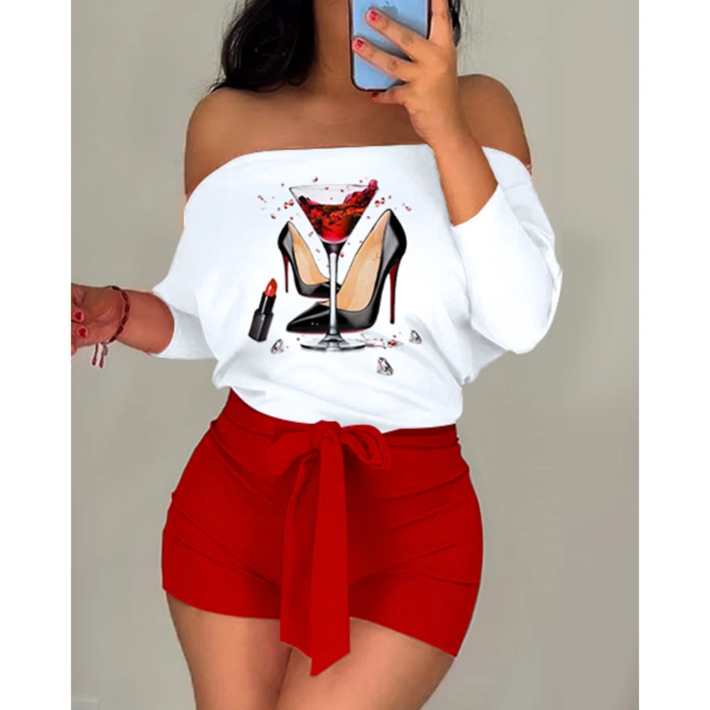 

Women Summer Wine Glass Print Colorblock Off Shoulder One Piece Romper Sexy Red Short Jumpsuit Daily Wear Shorts 2022