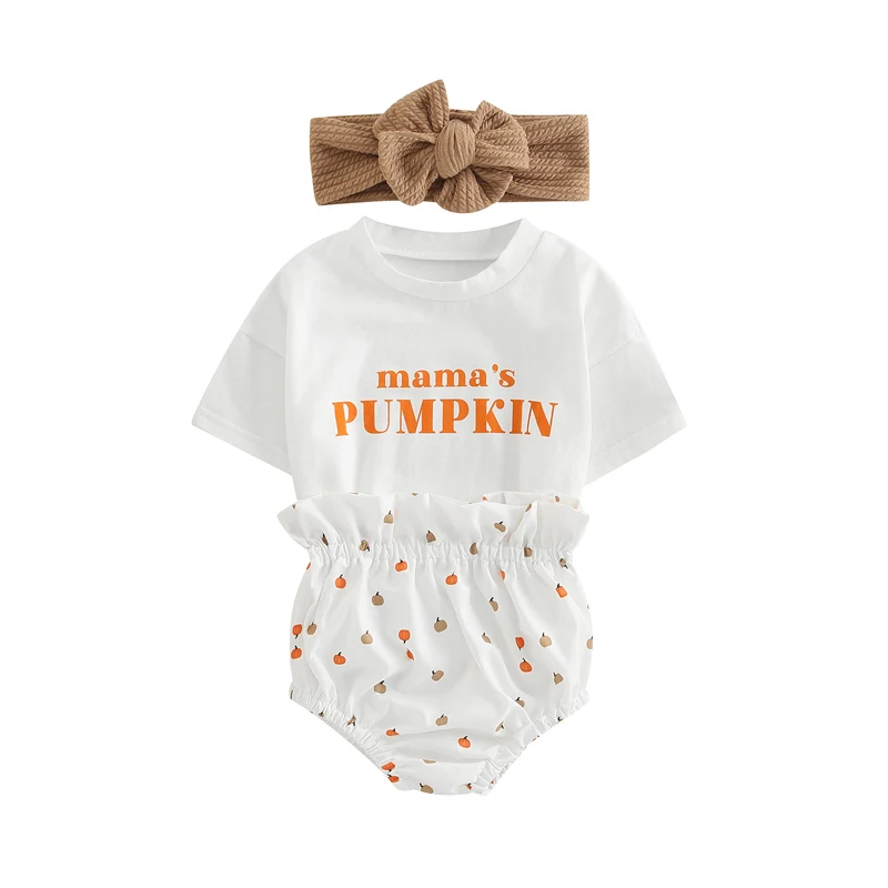 

Baby Girls Outfit Letter Print Short Sleeve Romper Pumpkin Print Bloomers Headband Set for Infants 0-18 Months