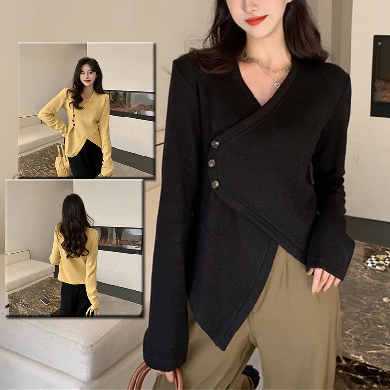 

Асимметричная модная Однотонная футболка на пуговицах Y2K, топы с длинным рукавом, женская одежда, Весенняя свободная Универсальная футболк...