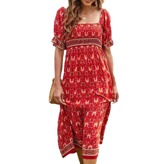 Women Bohemian Midi Dress Short Sleeve 