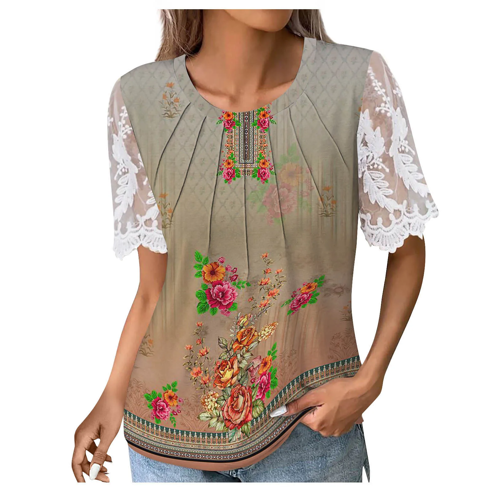 

Women'S Fashion Casual Loose Lace Solid Color Short Sleeve Printed Pleated Stripe T-Shirt Top Top Women Fashion Woman Blouse