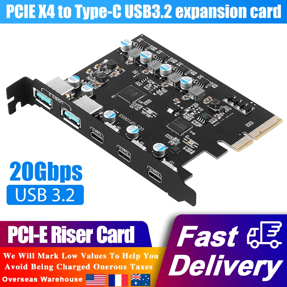 

PCIE X4 to Type-C USB 3.2 Expansion Card Desktop 20Gbps High Speed Drive Free Computer Adapter PCI Express USB PCI-E Riser Card