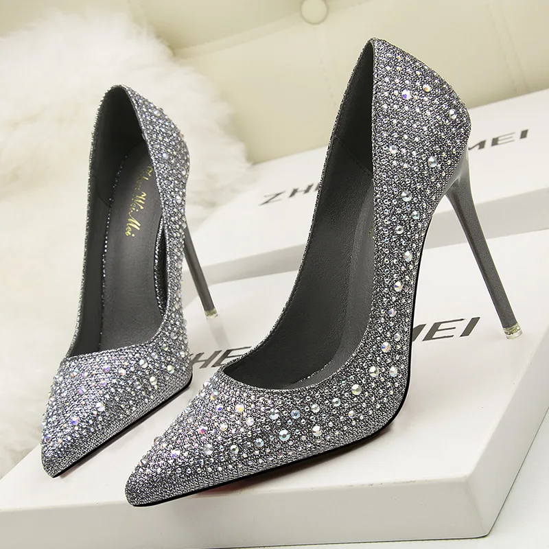 Women Fashion Sweet Delicate Elegant Stiletto Heel High Shoes Low-Cut Slimming Pointed Heel Colorful Crystals Rhinestone Wedding