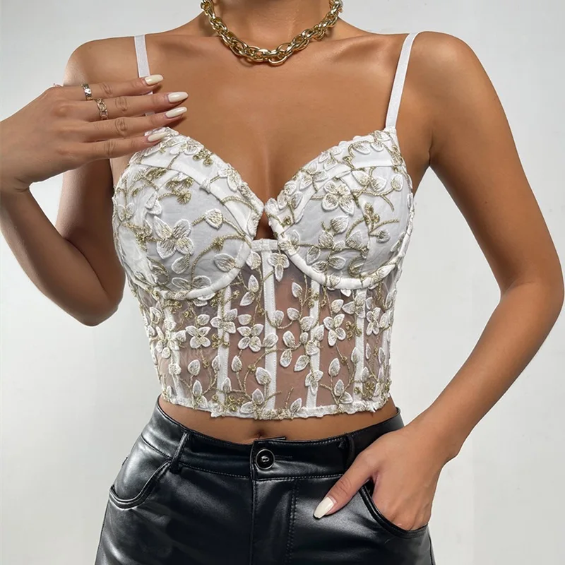

Koltailace Floral Cami Top Women Backless Boho Top Mesh Patchwork White Adjustable Strap Sweet Camisole