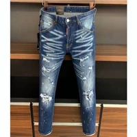 dsquared2 stitching printing mens slim jeans straight leg motorcycle rider hole pants jeans man 9713