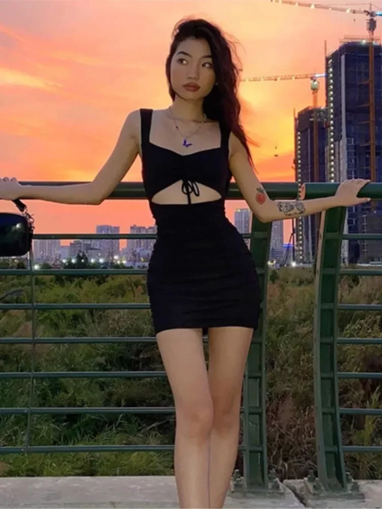 

New in 2022 Dress Women's Clothes Spaghetti Strap Hollow Out Sleeveless Slim Sheath Spring Summer Mini Dress Lady Casual Muj