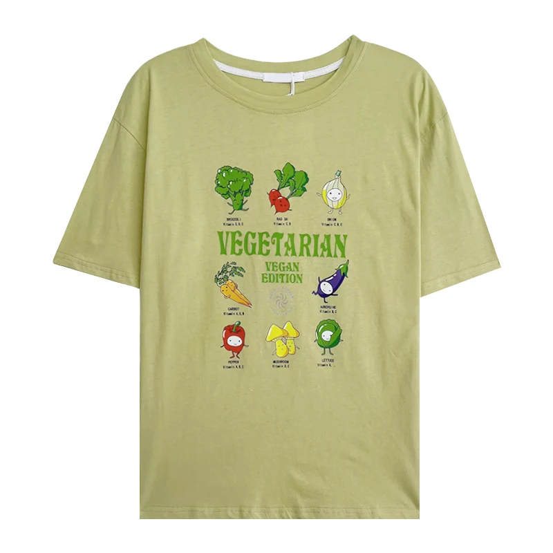 

Avocado Green Cute Cartoon Vegetable Print Loose Drop-Shoulder Short-Sleeve T-Shirt