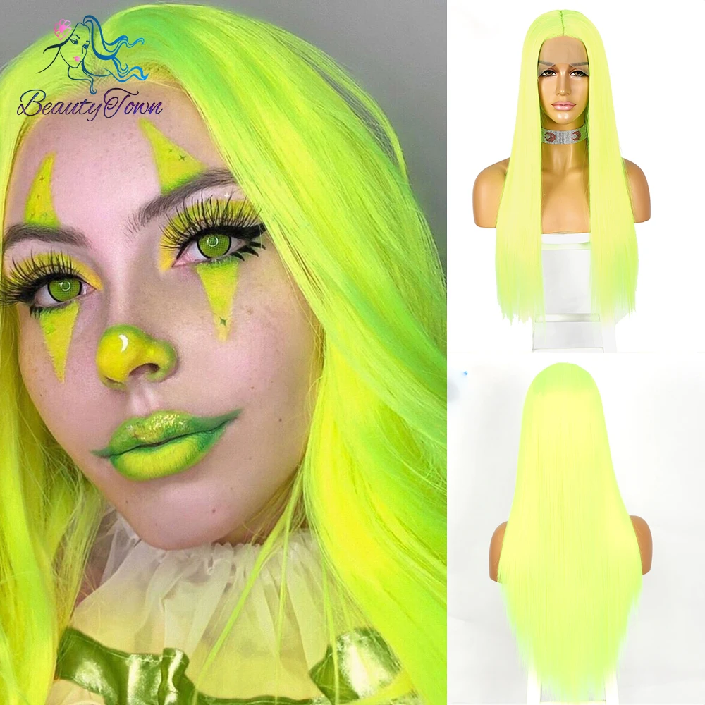 

BeautyTown Simulated Scalp Neon Yellow Straight Wig Heat Resistant Women Natural Party Halloween Synthetic Machine Made Wig