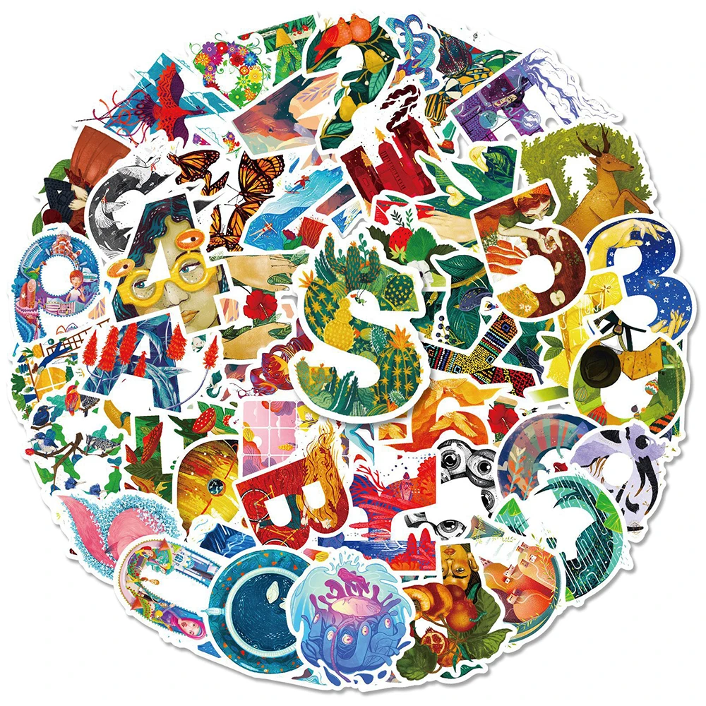 

10/30/50PCS Illustration Art Letter Number Cartoon Stickers Aesthetic Laptop Guitar Phone Luggage Car Helmet Cool Sticker Decal