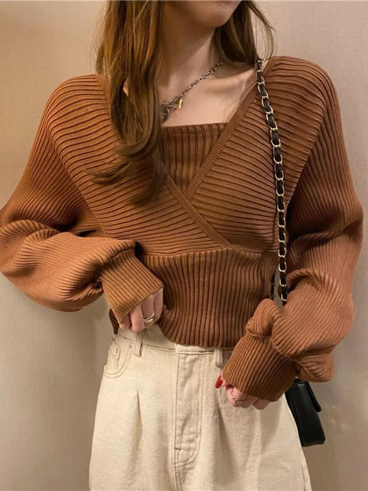 

QWEEK Pullovers Women Knitting Elegant Solid Casual Korean Style Slim Design Long Sleeve Tops 2023 Autumn College Fashion