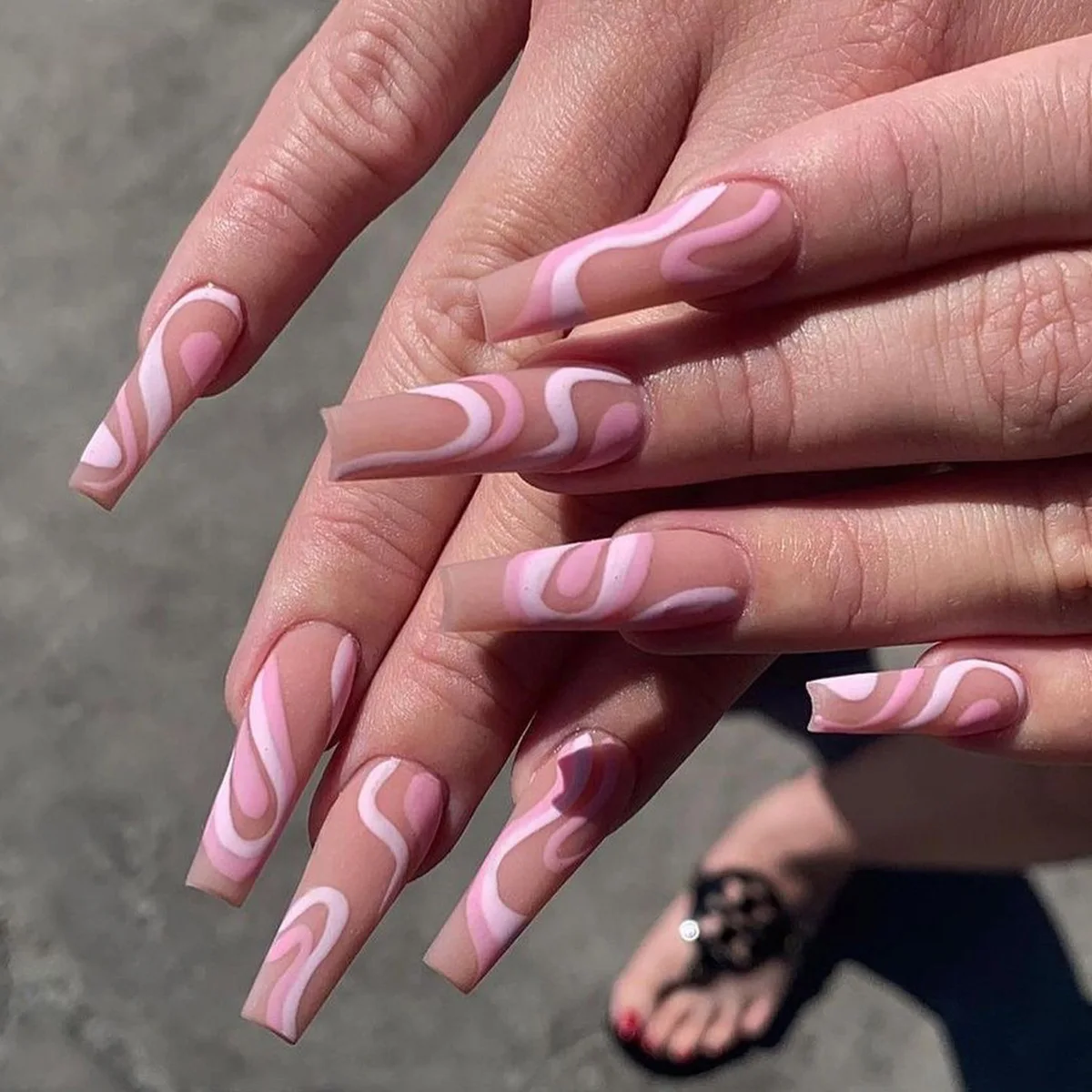 

24Pcs/Box with glue Rose Color Line long Ballet Wearable Ins style Fake Nails press on Nails Coffin Full Cover false nails