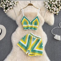 oumea summer cotton knitted national style french sleeveless v neck halter top high waist shorts fashion swimsuit two piece set