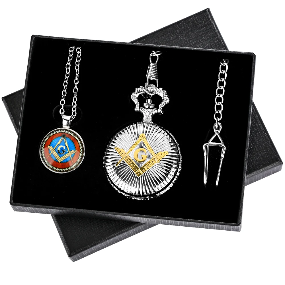Necklace Pocket Watch Freemason Luxury Men Quartz Pocket Watch Pendant Souvenir Gift Sets for Men Fob Clock Rreloj De Bolsillo