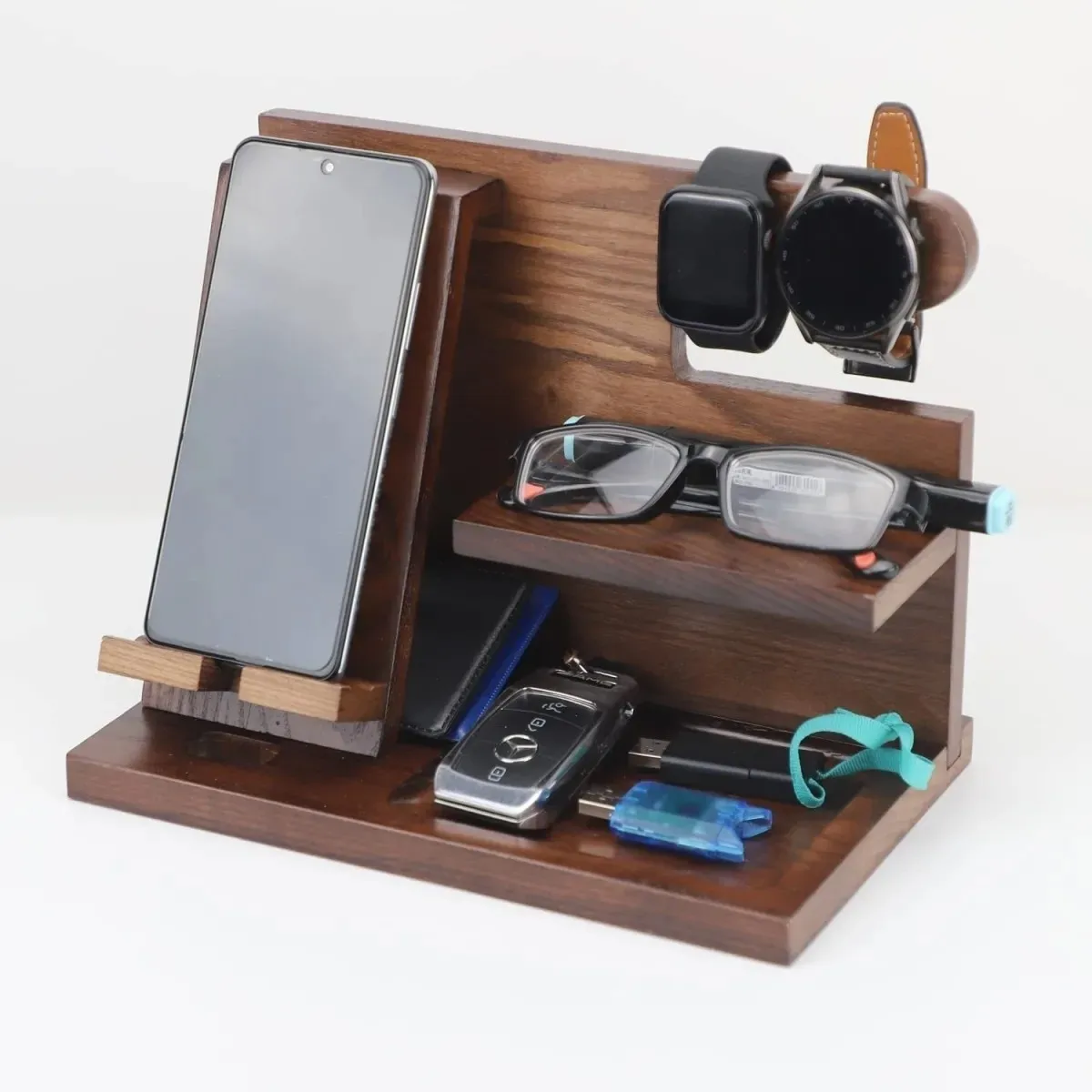 

Wooden Multifunctional Phone Stand Compact Phone Holder Sturdy Long Service Life Multifunctional Key Watch Phone Organizer