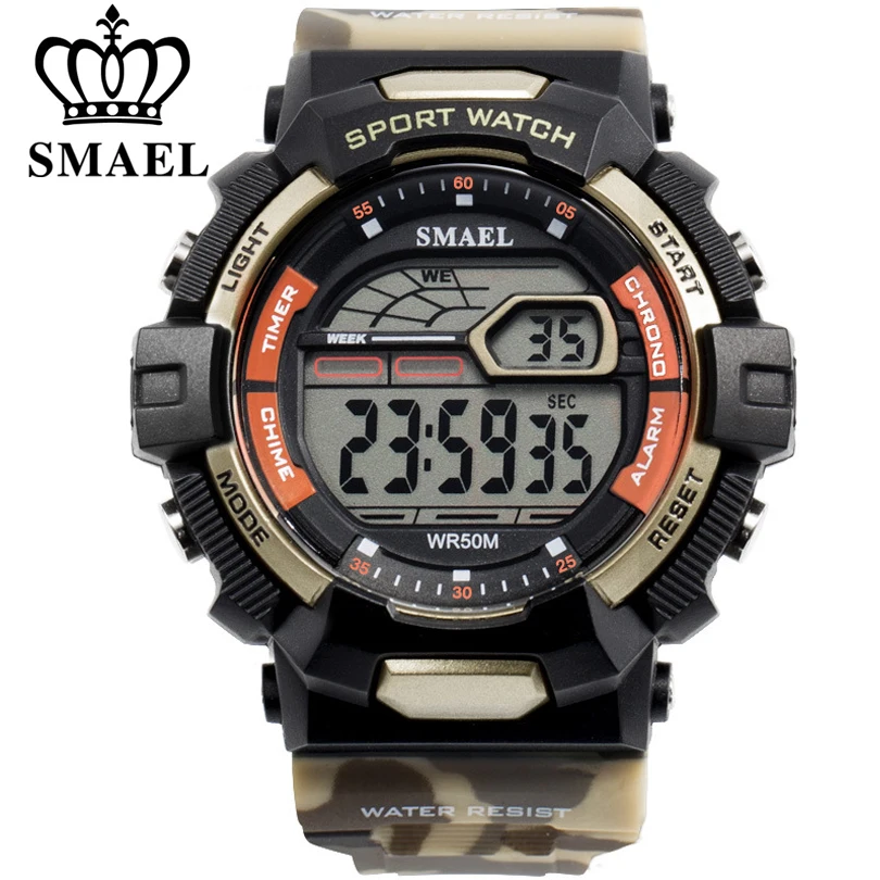 

Мужские Спортивные Повседневные водонепроницаемые часы SMAEL, светящиеся часы с секундомером и будильником, ударопрочные часы с автоматической датой, армейские часы