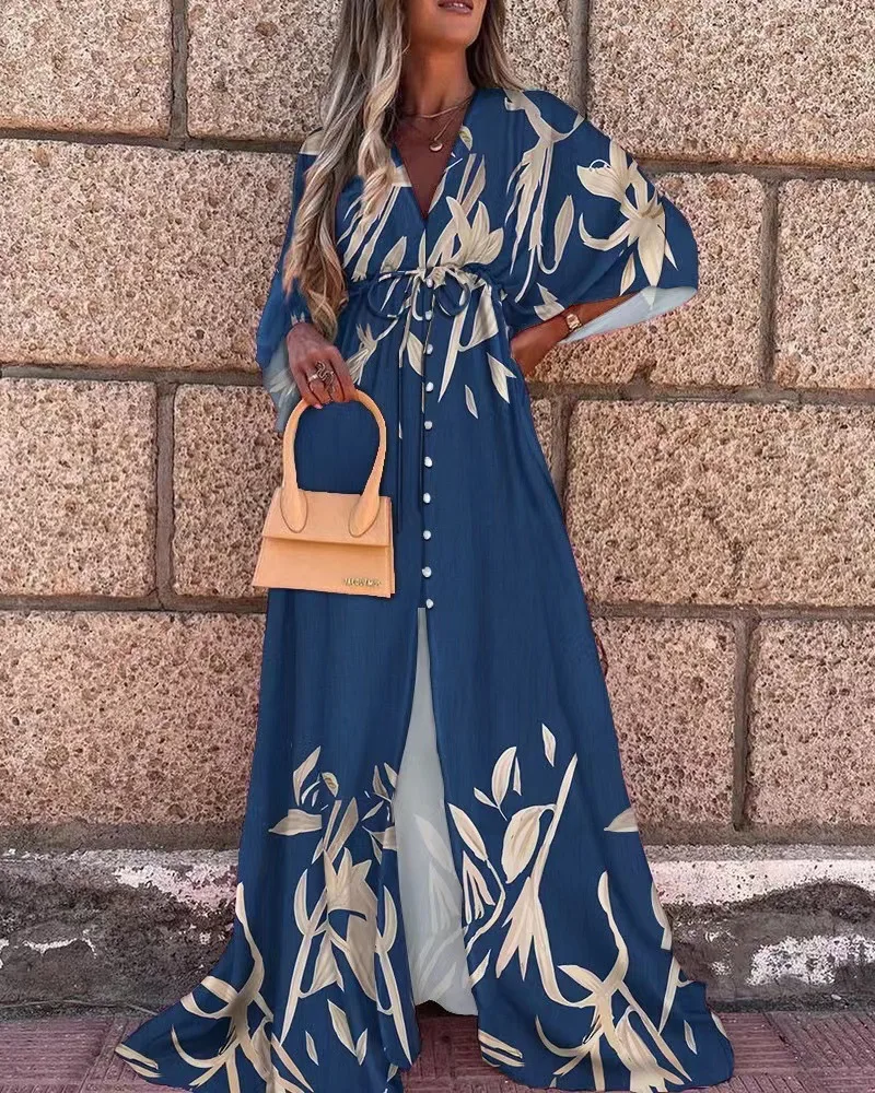 

Hawaiian A-Line V-Neck Spandex Beach Easy Care Summer Elastic Waist Polyester Sexy Women Dress Long Half Sleeve Holiday Floral