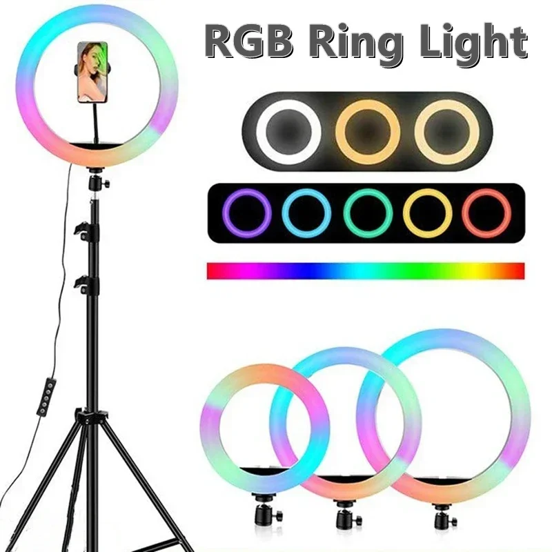 

8/10inch Selfie Ring Light RGB Tripod Phone Stand Holder Photography RingLight Circle Fill Light Led Color Lamp Trepied Makeup