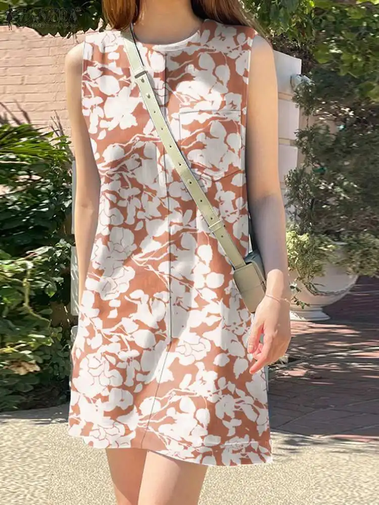 

Повседневное пляжное платье ZANZEA в богемном стиле, летние модные платья с цветочным принтом, женский сарафан без рукавов с круглым вырезом, винтажное женское платье