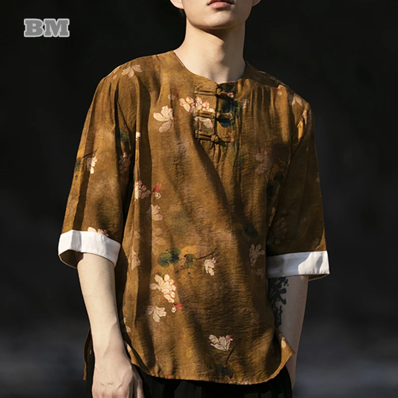

Summer Chinese Style Flower Pattern Vintage T Shirt Plus Size Short Sleeve Hanfu Men Clothing Tai Chi Kung Fu Thin Tops Male