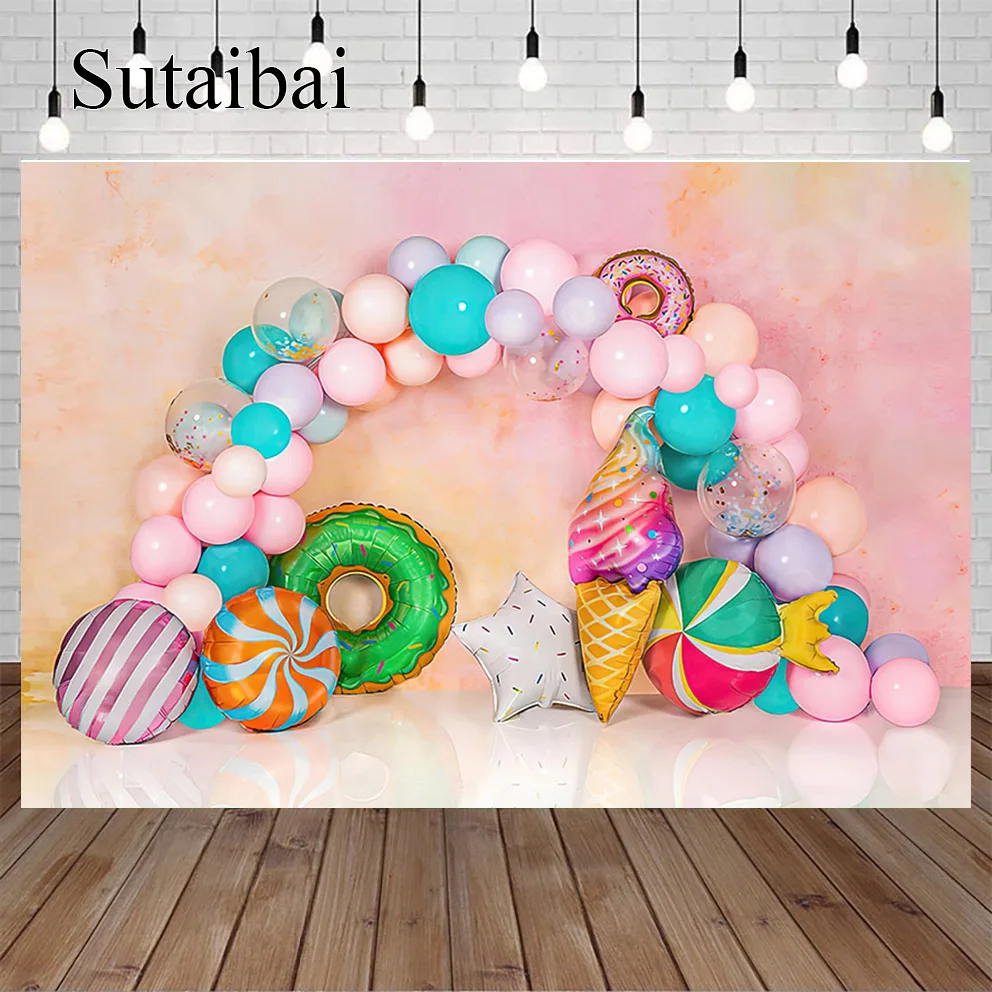 

Photography Background Sweet Donut Ice Cream Balloon Girl 1st Birthday Party Cake Smash Decoration Photo Backdrop Studio