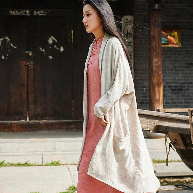 

Cotton Trench Women Solid Trench Vintage Linen National Style Women Spring 2023 Johnature Coat Casual Style New