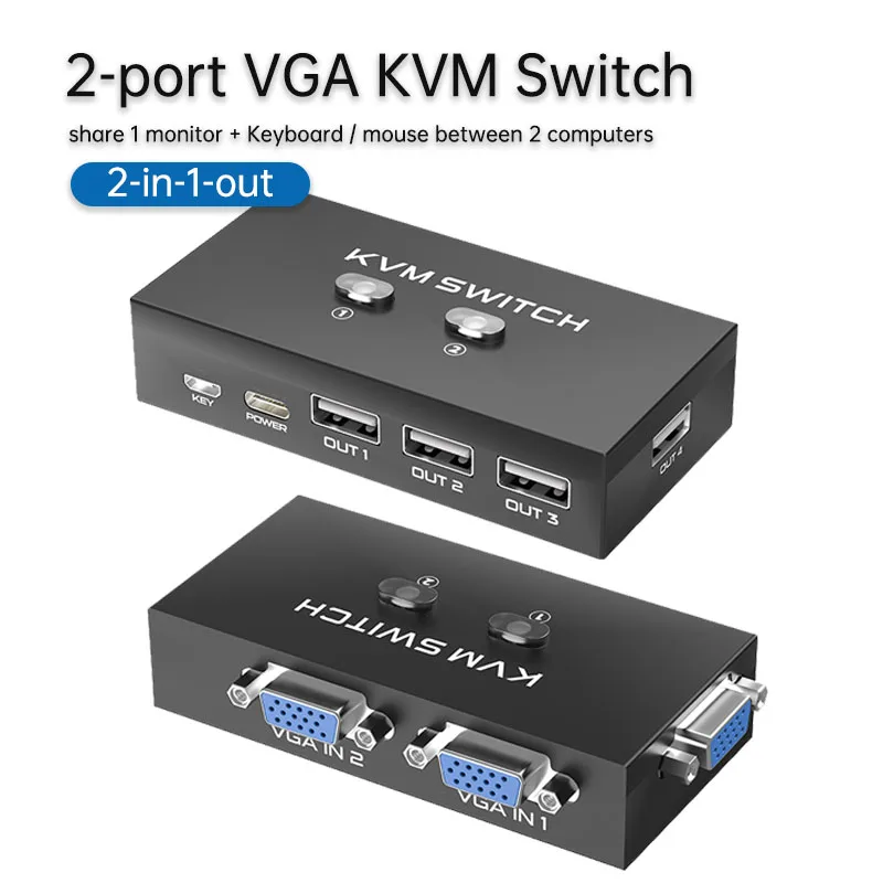 Фото KVM-переключатель 2-в-1-выход VGA Компьютерный коммутатор Поделиться с клавиатурой, мышью и дисплеем до 2 ПК или устройства мониторинга №1