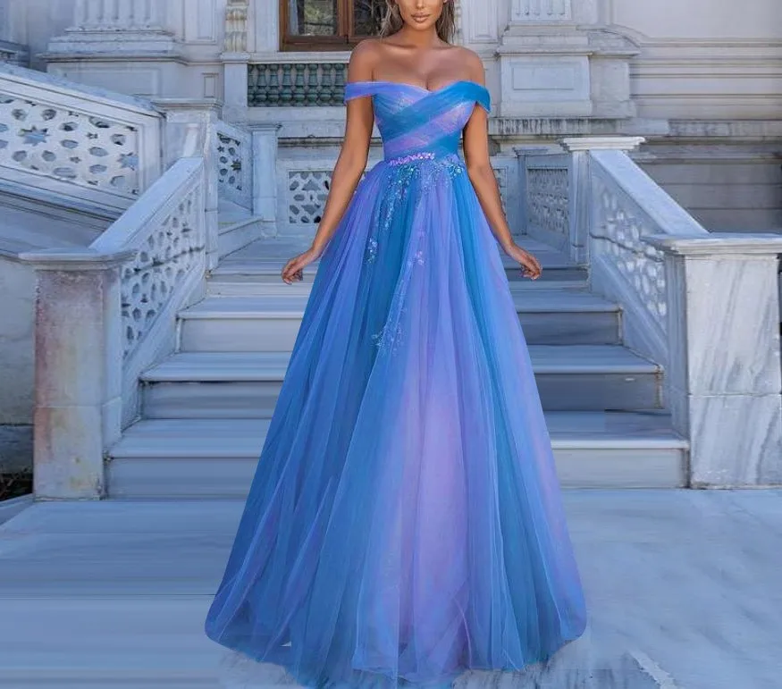 

2022 Spring New Mesh Dress Blue High Waist Princess Bridesmaid Dresses