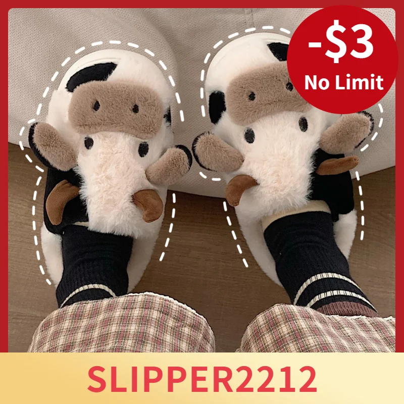 

QSROCIO, пушистые меховые тапочки из коровьей кожи, женские зимние теплые закрытые плюшевые домашние тапочки, милые симпатичные сланцы с живот...