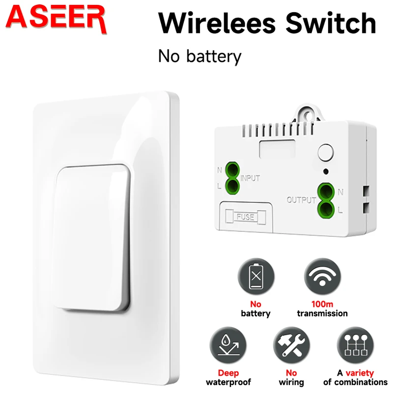 Стандарт США ASEER RF433 беспроводной настенный выключатель с кинетической энергией не требуется батарея на дальние расстояния водонепроницаемые переключатели с автономным питанием